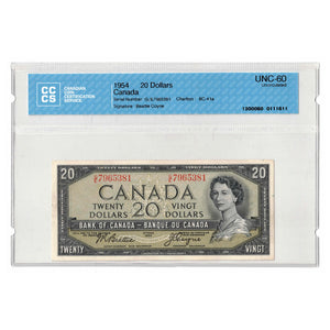 SOLD $20 1954 Bank of Canada Note Beattie-Coyne G/E Prefix BC-41a - CCCS UNC-60