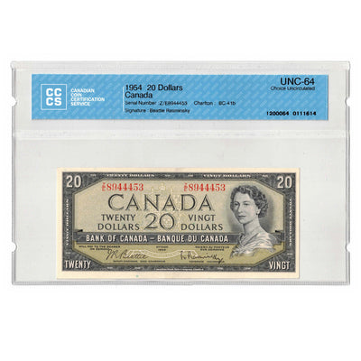 SOLD $20 1954 Bank of Canada Note Beattie-Rasminsky Z/E Prefix BC-41b - CCCS UNC-64