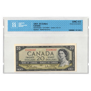 SOLD $20 1954 Bank of Canada Note Beattie-Rasminsky S/E Prefix BC-41b - CCCS UNC-63