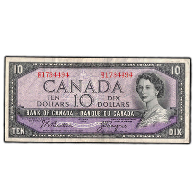 SOLD $10 1954 Bank Of Canada Note Beattie-Coyne W/D Prefix BC-40a - VF-20