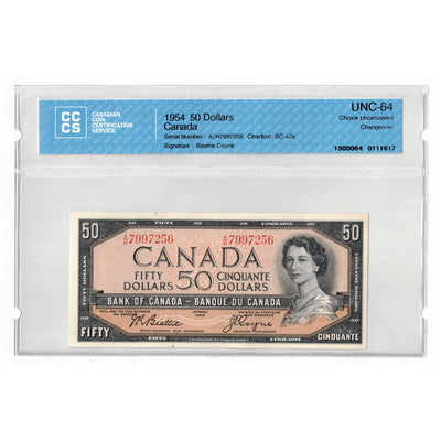 SOLD $50 1954 Bank of Canada Note Beattie-Coyne A/H Prefix BC-42a - CCCS UNC-64
