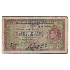 SOLD Malta 1940 2 Shillings 6 Pence Note P #18