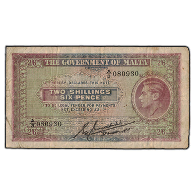 SOLD Malta 1940 2 Shillings 6 Pence Note P #18