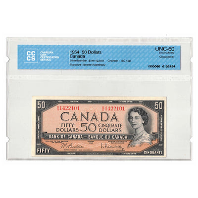 SOLD $50 1954 Bank of Canada Note Beattie-Rasminsky B/H Prefix BC-42b - CCCS UNC-60