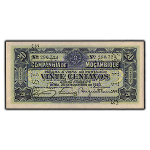 SOLD Mozambique 1933 20 Centavos Note P-R29 - Cancelled