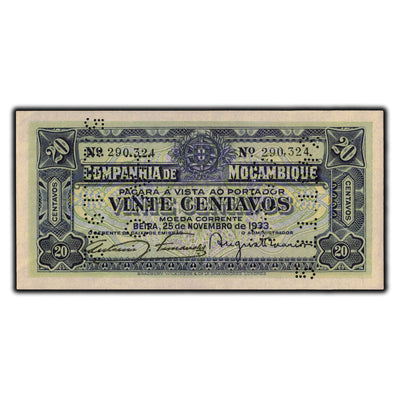 SOLD Mozambique 1933 20 Centavos Note P-R29 - Cancelled