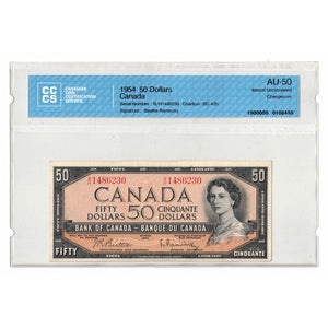 SOLD $50 1954 Bank of Canada Note Beattie-Rasminsky B/H Prefix BC-42b - CCCS AU-50