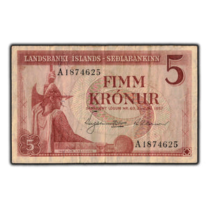 SOLD Iceland Landsbanki Islands 1957 5 Kronur Note P #37