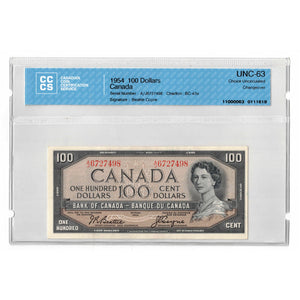 SOLD $100 1954 Bank of Canada Note Beattie-Coyne A/J Prefix BC-43a - CCCS UNC-63