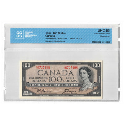 SOLD $100 1954 Bank of Canada Note Beattie-Coyne A/J Prefix BC-43a - CCCS UNC-63