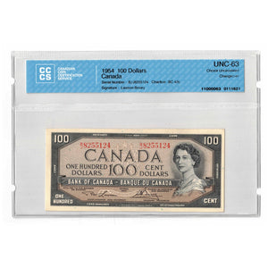 SOLD $100 1954 Bank of Canada Note Lawson-Bouey B/J Prefix BC-43c - CCCS UNC-63