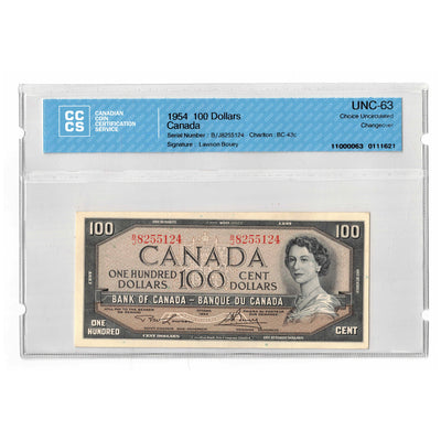 SOLD $100 1954 Bank of Canada Note Lawson-Bouey B/J Prefix BC-43c - CCCS UNC-63
