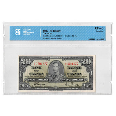 SOLD 1937 $20 Bank of Canada Note Coyne-Towers L/E Prefix BC-25c - CCCS EF-45