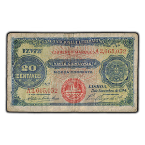 SOLD Mozambique 1914 20 Centavos Note Type 3 P #52