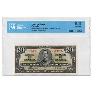 SOLD 1937 $20 Bank of Canada Note Coyne-Towers H/E Changeover Prefix BC-25c - CCCS EF-45