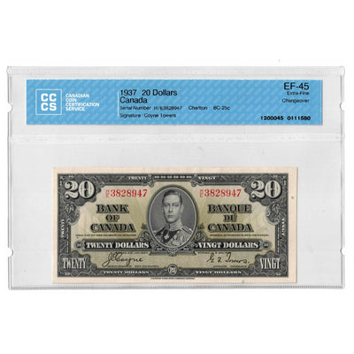 SOLD 1937 $20 Bank of Canada Note Coyne-Towers H/E Changeover Prefix BC-25c - CCCS EF-45