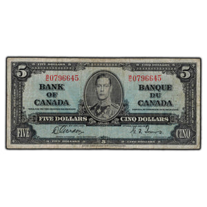 SOLD $5 1937 Bank of Canada Note Gordon-Towers W/C Prefix BC-23b - VG-10