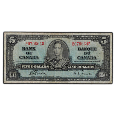 SOLD $5 1937 Bank of Canada Note Gordon-Towers W/C Prefix BC-23b - VG-10