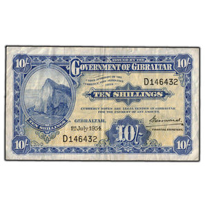 SOLD Gibraltar 1954 10 Shilling Note P #14c