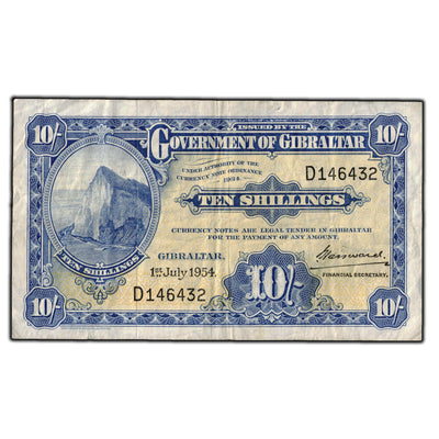 SOLD Gibraltar 1954 10 Shilling Note P #14c
