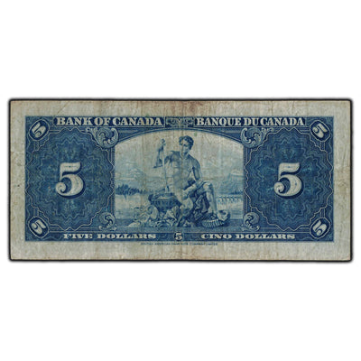 SOLD $5 1937 Bank of Canada Note Gordon-Towers W/C Prefix BC-23b - VG-10