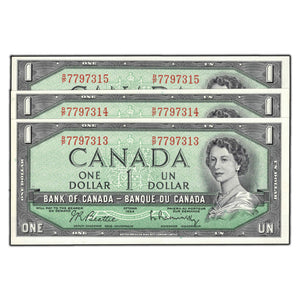 SOLD $1 1954 Bank of Canada Notes R/P Prefix BC-37b-i -3 Consecutive