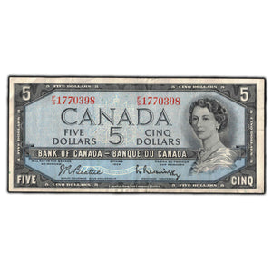 SOLD $5 1954 Bank Of Canada Note Beattie-Rasminsky F/S Prefix BC-39b - VF-20