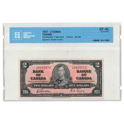 SOLD 1937 $2 Bank of Canada Note Gordon-Towers Y/B Prefix BC-22b - CCCS EF-45