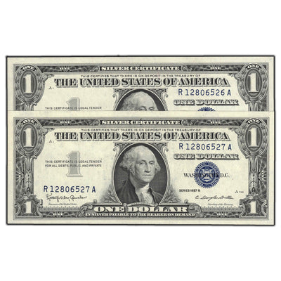 SOLD United States 1957-B $1 Silver Certificate Notes - Two Consecutive