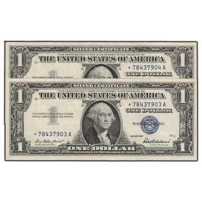SOLD United States 1957 $1 Silver Certificate Star Notes - Two Consecutive