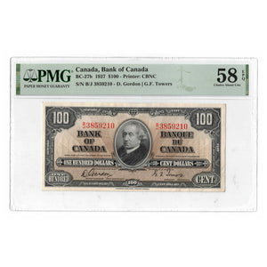 SOLD $100 1937 Bank of Canada Note Gordon-Towers B/J Prefix BC-27b - PMG AU-58 EPQ