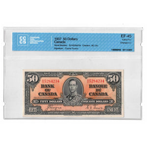 SOLD 1937 $50 Bank of Canada Note Coyne-Towers B/H Prefix BC-26c - CCCS EF-45