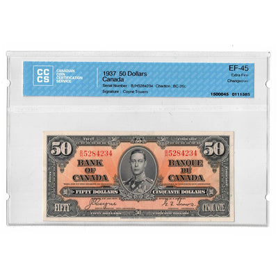 SOLD 1937 $50 Bank of Canada Note Coyne-Towers B/H Prefix BC-26c - CCCS EF-45