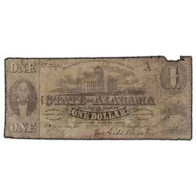 SOLD United States 1863 $1 State of Alabama Note - Damaged
