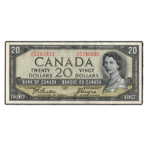 SOLD $20 1954 Bank Of Canada Note Devil Face D/E Prefix BC-33b - AU-50