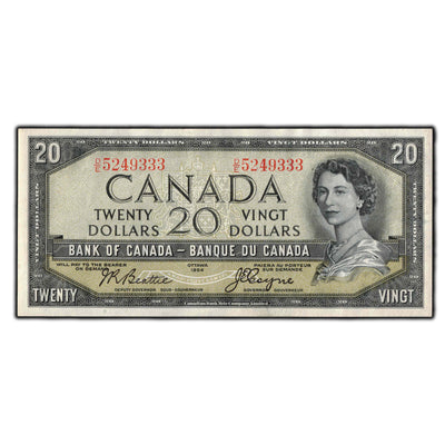 SOLD $20 1954 Bank Of Canada Note Devil Face D/E Prefix BC-33b - AU-50