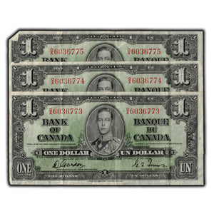 SOLD $1 1937 Bank of Canada Notes O/A Prefix BC-21c - 3 Consecutive Circulated