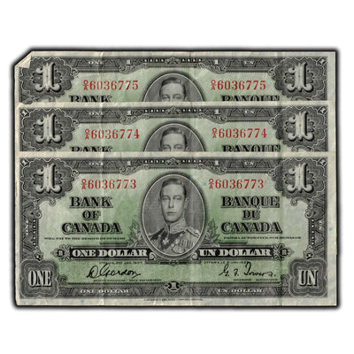 SOLD $1 1937 Bank of Canada Notes O/A Prefix BC-21c - 3 Consecutive Circulated