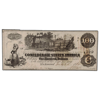 SOLD United States 1863 $100 Confederate States of America Note