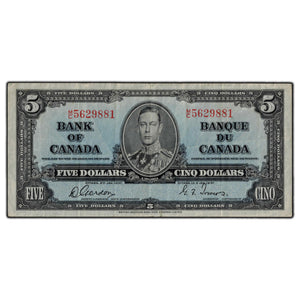 SOLD $5 1937 Bank Of Canada Note Gordon-Towers M/C Prefix BC-23b - VF-25