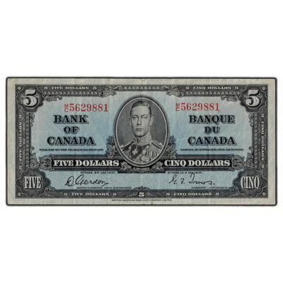 SOLD $5 1937 Bank Of Canada Note Gordon-Towers M/C Prefix BC-23b - VF-25