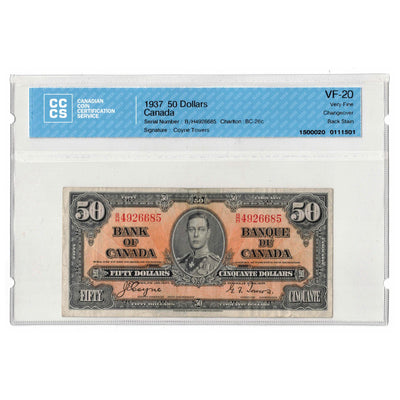 SOLD 1937 $50 Bank of Canada Note Coyne-Towers B/H Prefix BC-26c - CCCS VF-20 (back stain)