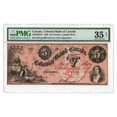 SOLD $5 1859 Colonial Bank of Canada Chartered Note - PMG VF-35 NET