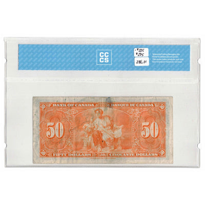 SOLD 1937 $50 Bank of Canada Note Coyne-Towers B/H Prefix BC-26c - CCCS VF-20 (back stain)