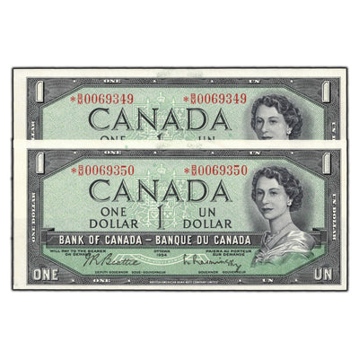SOLD $1 1954 Bank Of Canada Notes *B/M Replacement Prefix BC-37bA-i - 2 Consec with Error