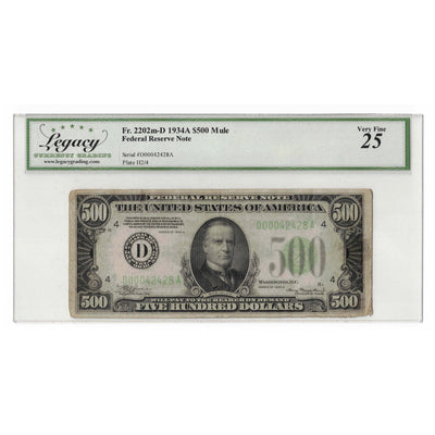 SOLD United States 1934-A Mule $500 Federal Reserve Note Fr. 2202m-D - Legacy VF-25