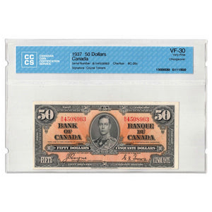 SOLD 1937 $50 Bank of Canada Note Coyne-Towers B/H Prefix BC-26c - CCCS VF-30