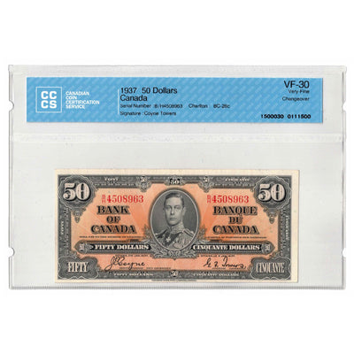 SOLD 1937 $50 Bank of Canada Note Coyne-Towers B/H Prefix BC-26c - CCCS VF-30