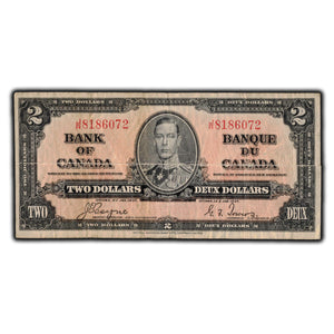 SOLD $2 1937 Bank of Canada Note Coyne-Towers J/R Prefix BC-22c - Large Tear