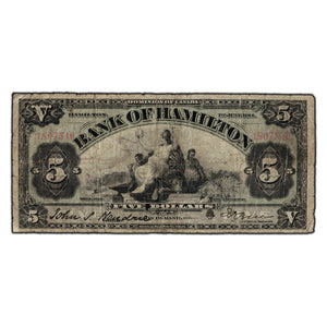 SOLD $5 1914 Bank of Hamilton Canada Chartered Note #345-20-06 - Circulated